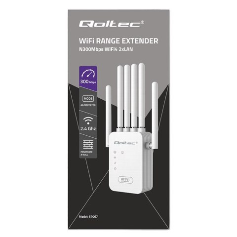 Qoltec Wzmacniacz sygnału WiFi | Repeater | Access Point | N300Mb/s | 6 anten | 2x RJ45