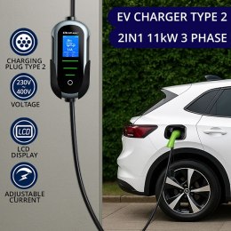 Qoltec Mobilna ładowarka do samochodu elektrycznego EV z regulacją 2w1 Typ2 | 11kW | 400V | CEE 16A | Wi-fi | TUYA | SMART LIFE 