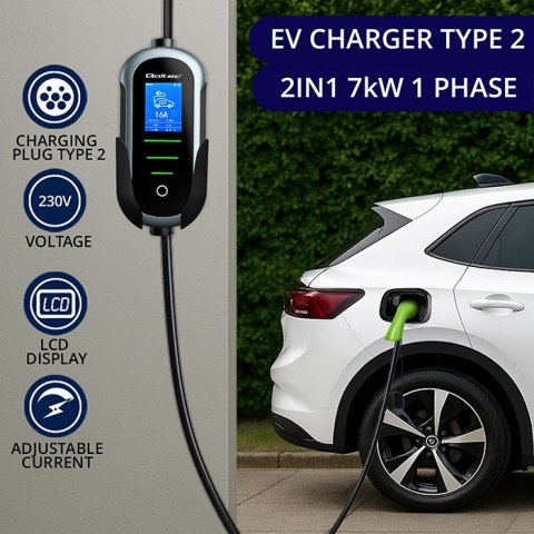 Qoltec Mobilna ładowarka do samochodu elektrycznego EV z regulacją 2w1 Typ2 | 7kW | 230V | CEE 32A | Wi-fi | TUYA | SMART LIFE |