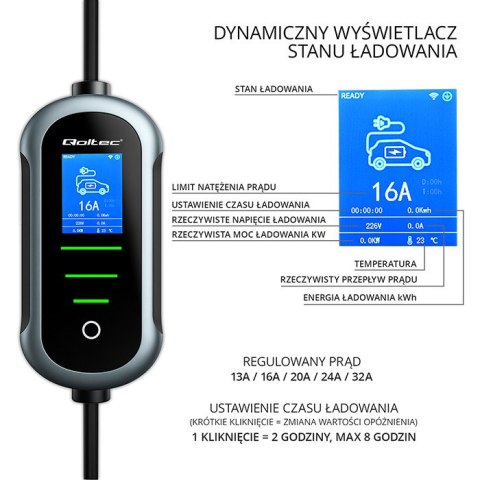 Qoltec Mobilna ładowarka do samochodu elektrycznego EV z regulacją 2w1 Typ2 | 7kW | 230V | CEE 32A | Wi-fi | TUYA | SMART LIFE |