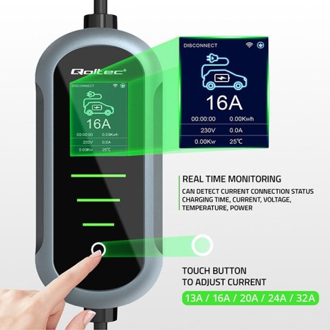 Qoltec Mobilna ładowarka do samochodu elektrycznego EV z regulacją 2w1 Typ2 | 7kW | 230V | CEE 32A | Wi-fi | TUYA | SMART LIFE |