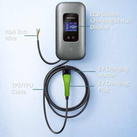 Qoltec Stacja ładowania EV Typ2 do samochodu elektrycznego i hybryd | 3 fazy | 22kW | 32A | Wi-fi | LCD | RFID | Smart life | T