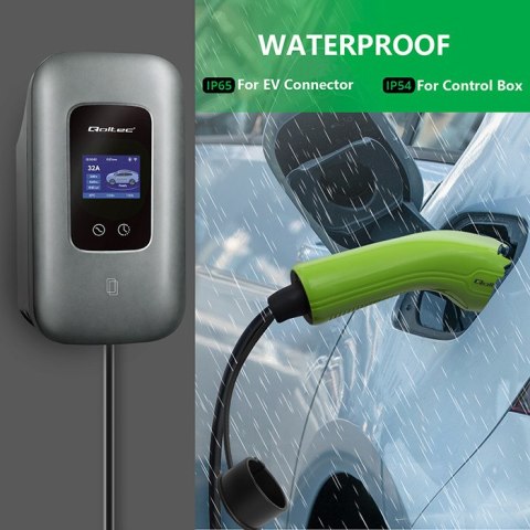 Qoltec Stacja ładowania EV Typ2 do samochodu elektrycznego i hybryd | 3 fazy | 22kW | 32A | Wi-fi | LCD | RFID | Smart life | T