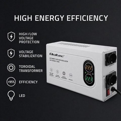 Qoltec Automatyczny Stabilizator napięcia AVR 2000VA | 1200W | Compact | Toroidalny transformator