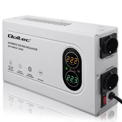 Qoltec Automatyczny Stabilizator napięcia AVR 2000VA | 1200W | Compact | Toroidalny transformator