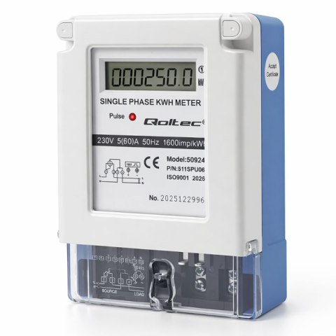 Qoltec Jednofazowy elektroniczny licznik prądu | miernik zużycia energii | 230V | 5(60)A | LCD