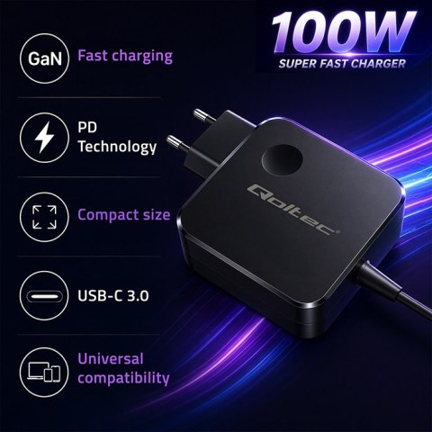 Qoltec Ładowarka sieciowa GaN Super Fast 100W | USB-C PD | 5-20V | 3-5A | Laptop | MacBook | Smartfon | kabel 1.8m
