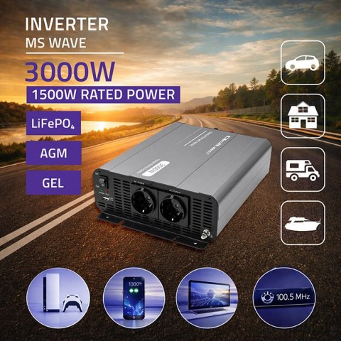 Qoltec Przetwornica napięcia MS Wave | 12V na 230V | 1500/3000W | USB | Kompatybilna z LiFePO4 GEL AGM