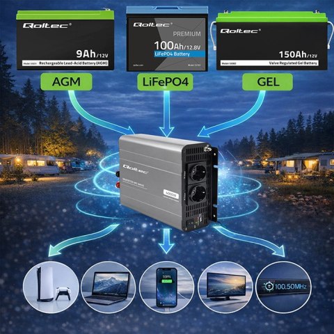 Qoltec Przetwornica napięcia MS Wave | 12V na 230V | 2000/4000W | USB | Kompatybilna z LiFePO4 GEL AGM