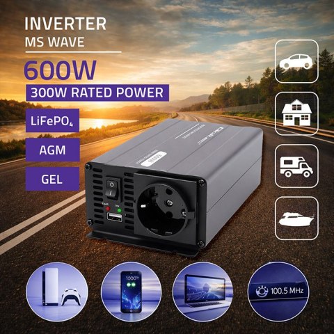 Qoltec Przetwornica napięcia MS Wave | 12V na 230V | 300/600W | USB | Kompatybilna z LiFePO4 GEL AGM