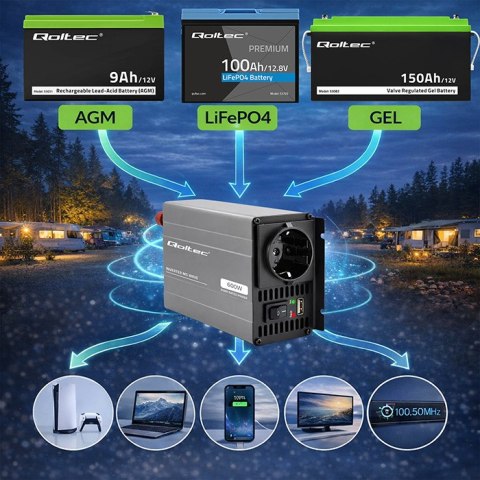 Qoltec Przetwornica napięcia MS Wave | 12V na 230V | 300/600W | USB | Kompatybilna z LiFePO4 GEL AGM