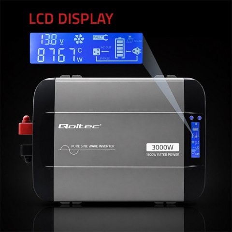 Qoltec Przetwornica napięcia Pure Sine Wave | 12V na 230V | 1500/3000W | LCD | USB | USB-C | Kompatybilna z LiFePO4 GEL AGM