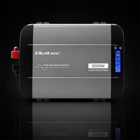 Qoltec Przetwornica napięcia Pure Sine Wave | 12V na 230V | 1500/3000W | LCD | USB | USB-C | Kompatybilna z LiFePO4 GEL AGM