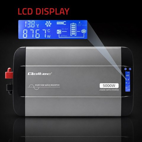 Qoltec Przetwornica napięcia Pure Sine Wave | 12V na 230V | 2500/5000W | LCD | USB | USB-C | Kompatybilna z LiFePO4 GEL AGM