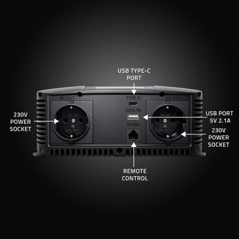 Qoltec Przetwornica napięcia Pure Sine Wave | 12V na 230V | 2500/5000W | LCD | USB | USB-C | Kompatybilna z LiFePO4 GEL AGM