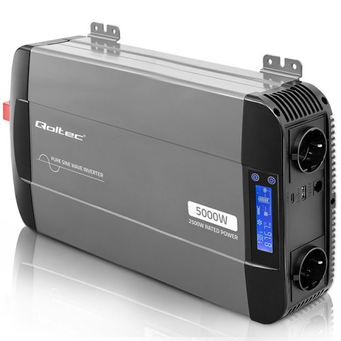 Qoltec Przetwornica napięcia Pure Sine Wave | 12V na 230V | 2500/5000W | LCD | USB | USB-C | Kompatybilna z LiFePO4 GEL AGM