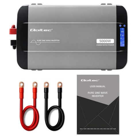 Qoltec Przetwornica napięcia Pure Sine Wave | 12V na 230V | 2500/5000W | LCD | USB | USB-C | Kompatybilna z LiFePO4 GEL AGM