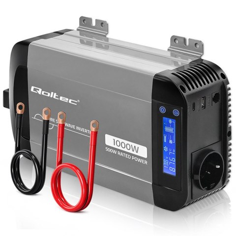 Qoltec Przetwornica napięcia Pure Sine Wave | 12V na 230V | 500/1000W | LCD | USB | USB-C | Kompatibilność z LiFePo4 GEL AGM