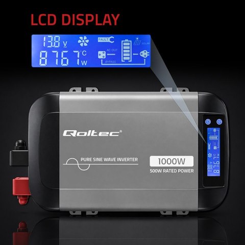 Qoltec Przetwornica napięcia Pure Sine Wave | 12V na 230V | 500/1000W | LCD | USB | USB-C | Kompatibilność z LiFePo4 GEL AGM