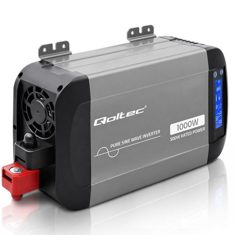Qoltec Przetwornica napięcia Pure Sine Wave | 12V na 230V | 500/1000W | LCD | USB | USB-C | Kompatibilność z LiFePo4 GEL AGM