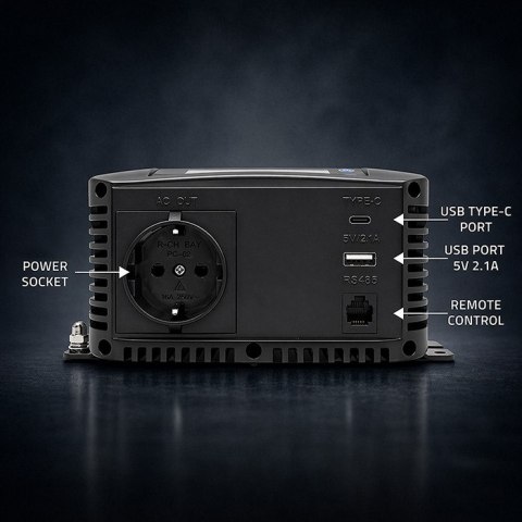 Qoltec Przetwornica napięcia Pure Sine Wave | 12V na 230V | 500/1000W | LCD | USB | USB-C | Kompatibilność z LiFePo4 GEL AGM