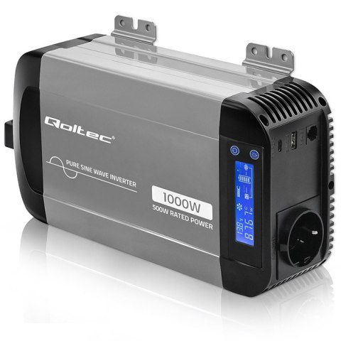 Qoltec Przetwornica napięcia Pure Sine Wave | 12V na 230V | 500/1000W | LCD | USB | USB-C | Kompatibilność z LiFePo4 GEL AGM