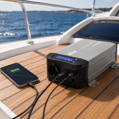 Qoltec Przetwornica napięcia Pure Sine Wave z UPS | 12V na 230V | 1000/2000W | LCD | USB | USB-C | Kompatybilna z LiFePO4 GEL AG