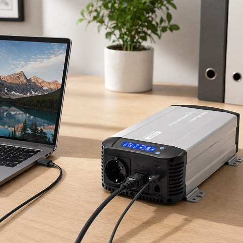 Qoltec Przetwornica napięcia Pure Sine Wave z UPS | 12V na 230V | 1000/2000W | LCD | USB | USB-C | Kompatybilna z LiFePO4 GEL AG