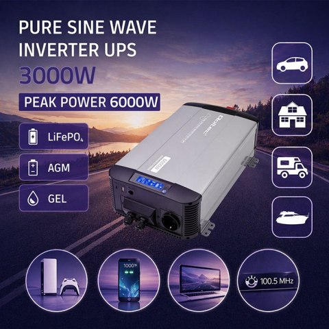 Qoltec Przetwornica napięcia Pure Sine Wave z UPS | 12V na 230V | 3000/6000W | LCD | USB | USB-C | Kompatybilna z LiFePO4 GEL AG
