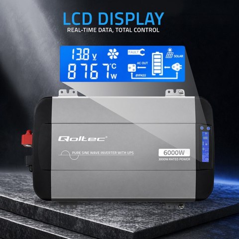 Qoltec Przetwornica napięcia Pure Sine Wave z UPS | 12V na 230V | 3000/6000W | LCD | USB | USB-C | Kompatybilna z LiFePO4 GEL AG