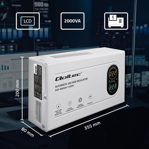 Qoltec Automatyczny Stabilizator napięcia AVR 2000VA | 1200W | Compact | Toroidalny transformator
