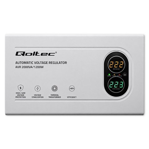 Qoltec Automatyczny Stabilizator napięcia AVR 2000VA | 1200W | Compact | Toroidalny transformator