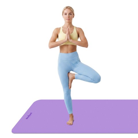 Mata gimnastyczna do ćwiczeń joga, pilates, fitness, 200x115cm, grubość 1cm, materiał TPE, fioletowa, REBEL ACTIVE