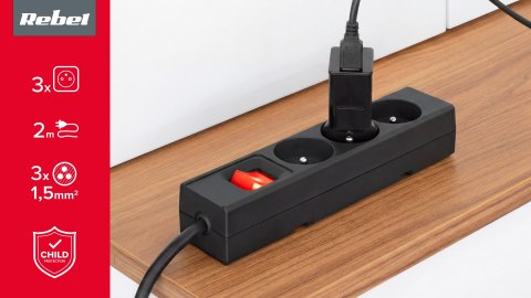 Przedłużacz 3 gniazda 2m typu francuskiego z przełącznikiem (3x1,5mm) Rebel czarny