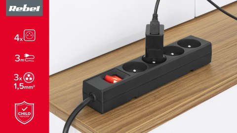 Przedłużacz 4 gniazda 3m typu francuskiego z przełącznikiem (3x1,5mm) Rebel czarny