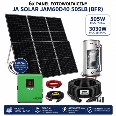Zestaw fotowoltaiczny do grzania wody Green Boost MPPT 3000 + 6x JA Solar 505W/3030W BiFacial TOPCon
