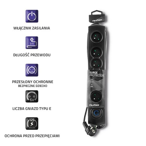 Qoltec Listwa antyprzepięciowa | 6 gniazd | 3m