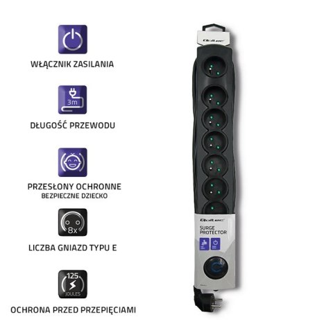 Qoltec Listwa antyprzepięciowa | 8 gniazd | 3m